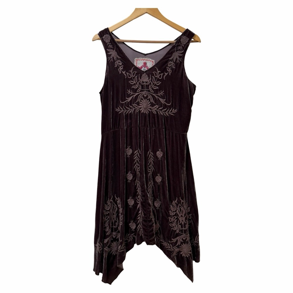 Johnny Was‎ Amapola Velvet Embroidered Mini Dress Size L Purple Peasant Boho
